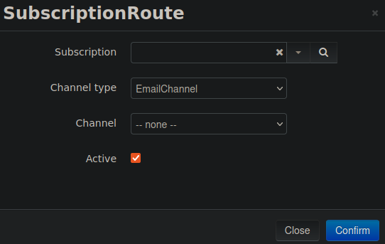 Create dialog for SubscriptionRoute